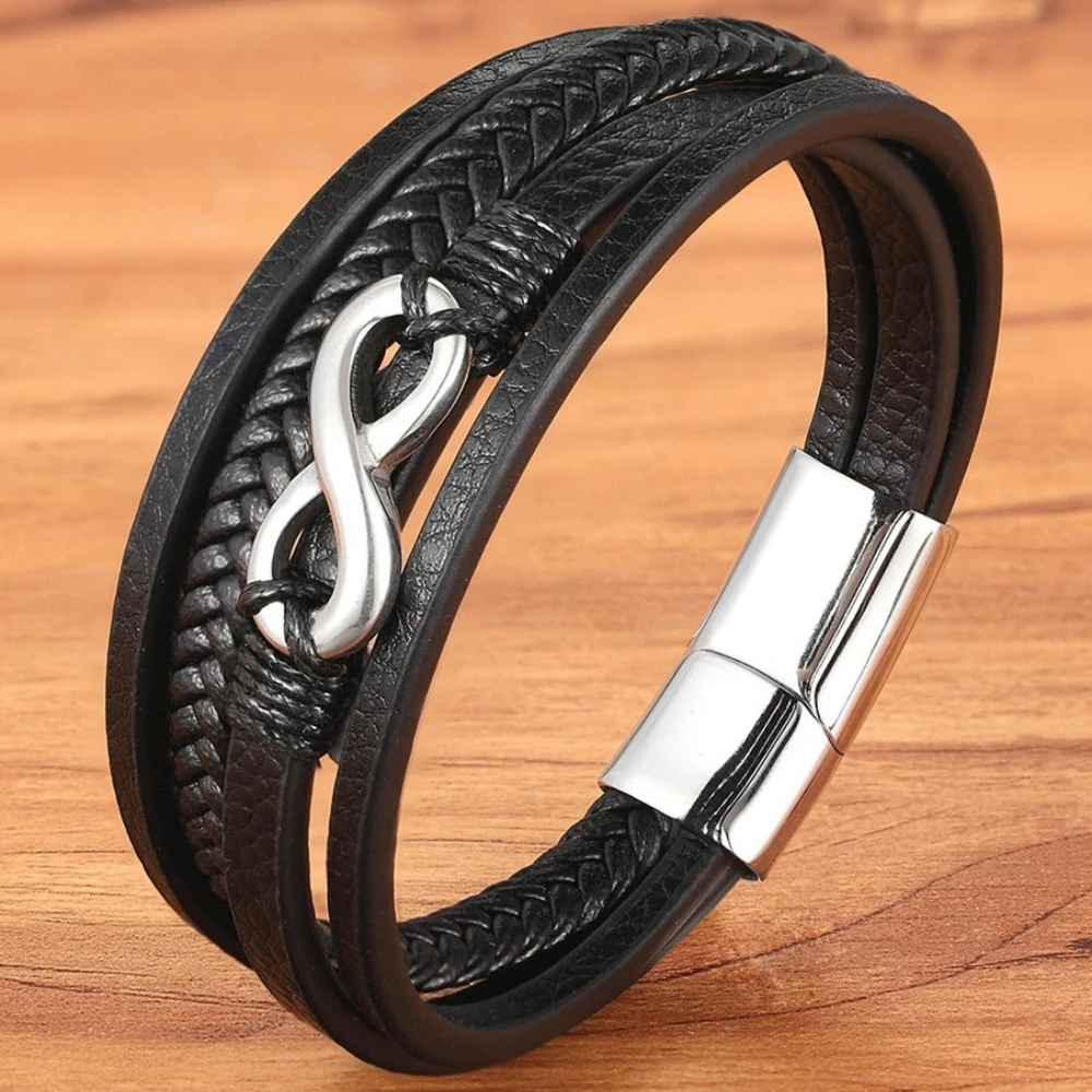 8-zeichen Unendlichkeit Armbänder Edelstahl Mehrschichtige Gewebte Echtes Leder Armreifen Männer Persönlichkeit High-end-Schmuck
