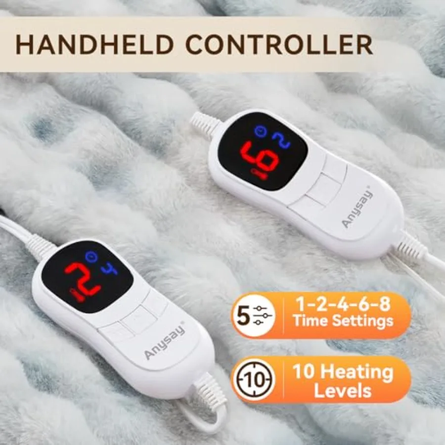 Electric Heated Blanket Throw with 1 2 4 6 8 Hours AutoOff Function 10 Adjustable Heat Levels 90'' x 100'' Cozy Faux Rabbit Fur