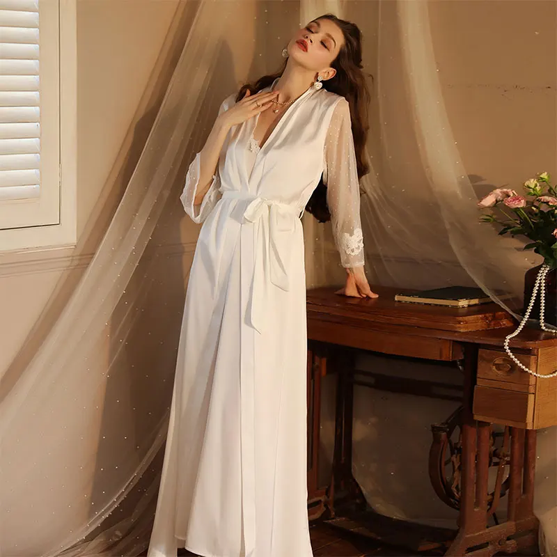 Sexy Silk Long Spwear Women's Spring Summer Autumn Wedding Dr Maids Morning Robe New Bride Lace Trim Che Nightgown