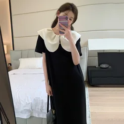 Maternity's Summer High-end Temperament Long Dress New Style Western Style Vintage Doll Collar Dress Loose Slimming Short Sleeve