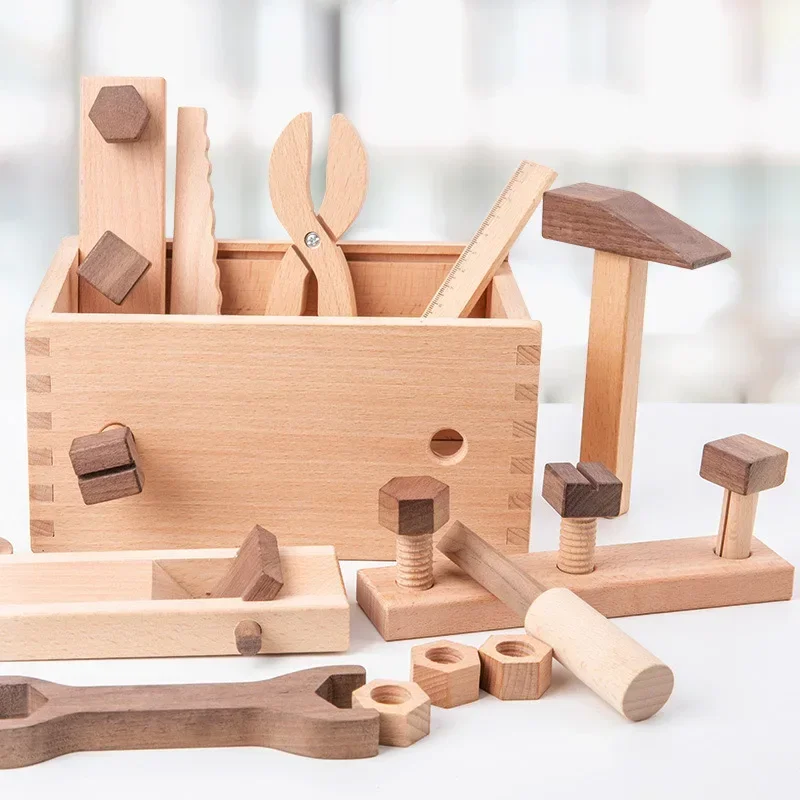 Kids Tool Set Wooden Educational STEM Construction Montessori Toys Role Play Interactive Games for Kid Portable Storage Tool Box