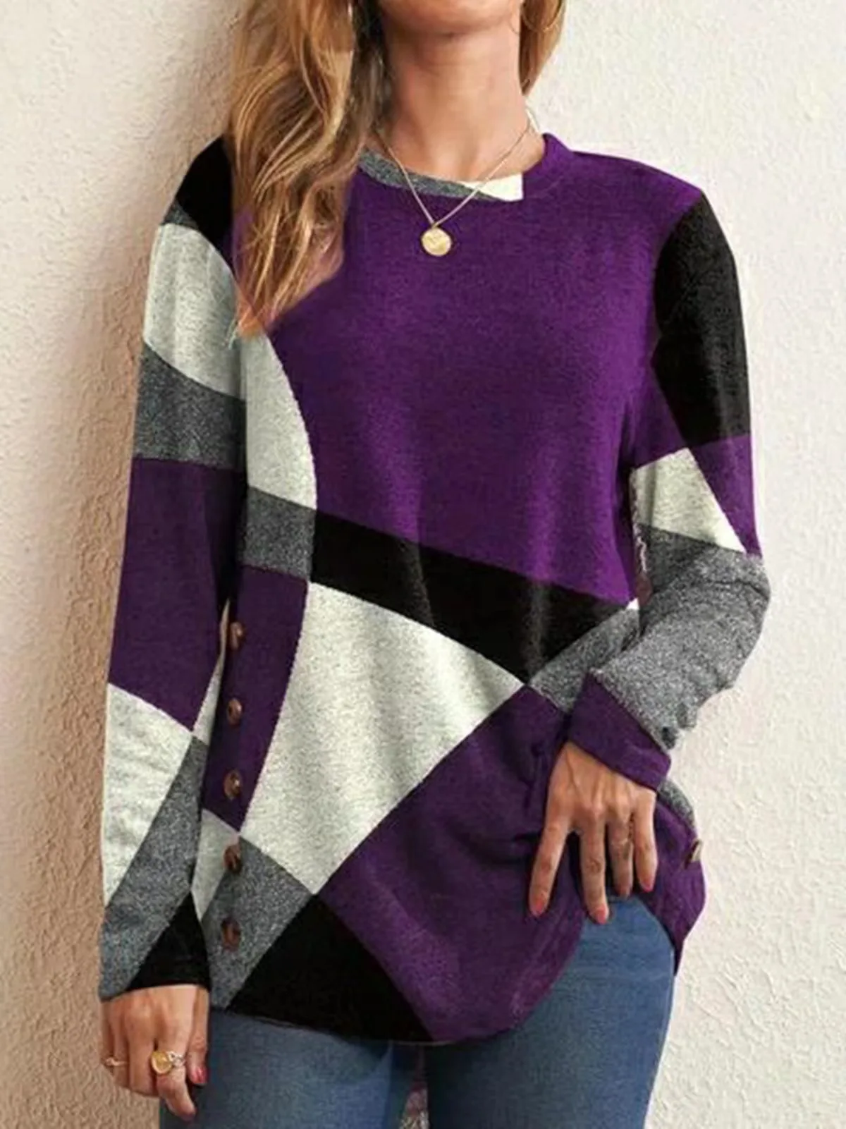 European and American Women Casual Color Block Long Sleeve Buttons Top Dressy Casual Geometric Tunic Tops Crewneck T761_voghion.com