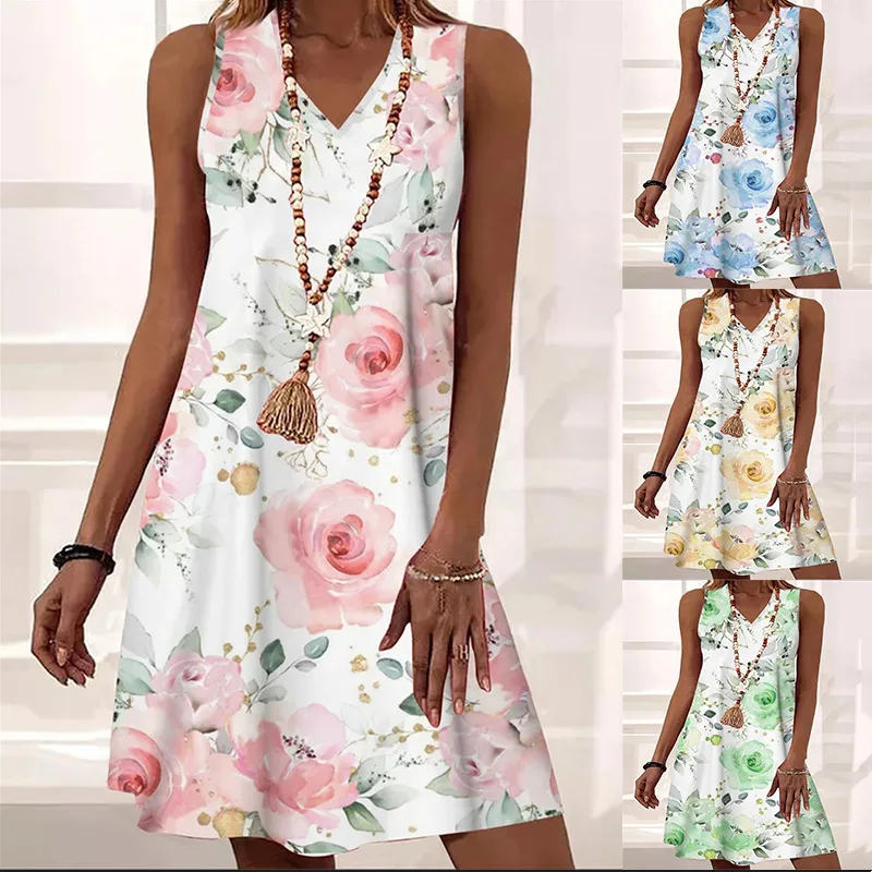 

Women's Clothing 2023 Summer Loose V-neck Pullover Sleeveless Print Medium Length Dress Women Fashion Casual Lady&Female Dresses