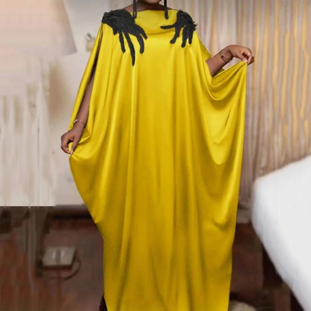 

Elegant African Ladies Loose Dresses Round Neck Batwing Sleeve Embroidery Floor Length Luxury Female Party Dinner Night Vestidos