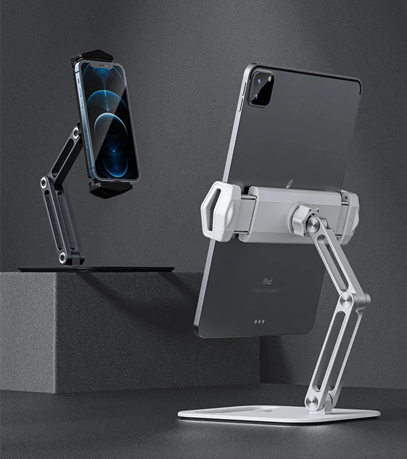 긴 팔 알루미늄 합금 태블릿 스탠드, 조절식 접이식 iPad 스탠드, 인체 공학적 360 ° 회전 태블릿 및 휴대폰 클램프 마운트 홀더