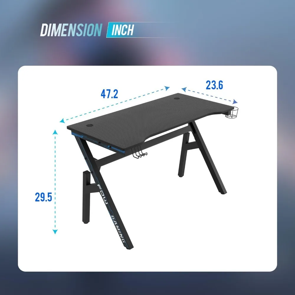 47 inch gaming desk with carbon fiber surface, cup holder, headphone hook, and spacious tabletop for home office. 3