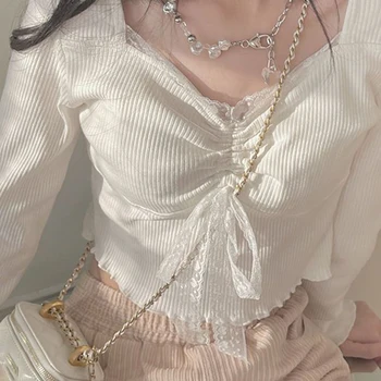 여성용 스위트 레이스 탑, 화이트 슬림 티셔츠, 한국 스퀘어 칼라, 긴팔 티, 여성 패션, 캐주얼 시크 셔츠 탑