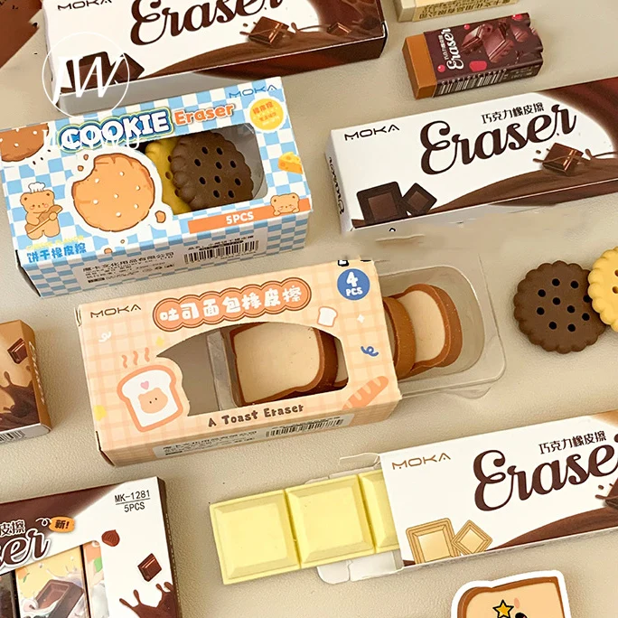 JIANWU Cartoon Simulated Chocolate Biscuit Toast Shaped Pencil Eraser Biscuit Eraser Set Creative DIY Journal Student Supplies Stationery