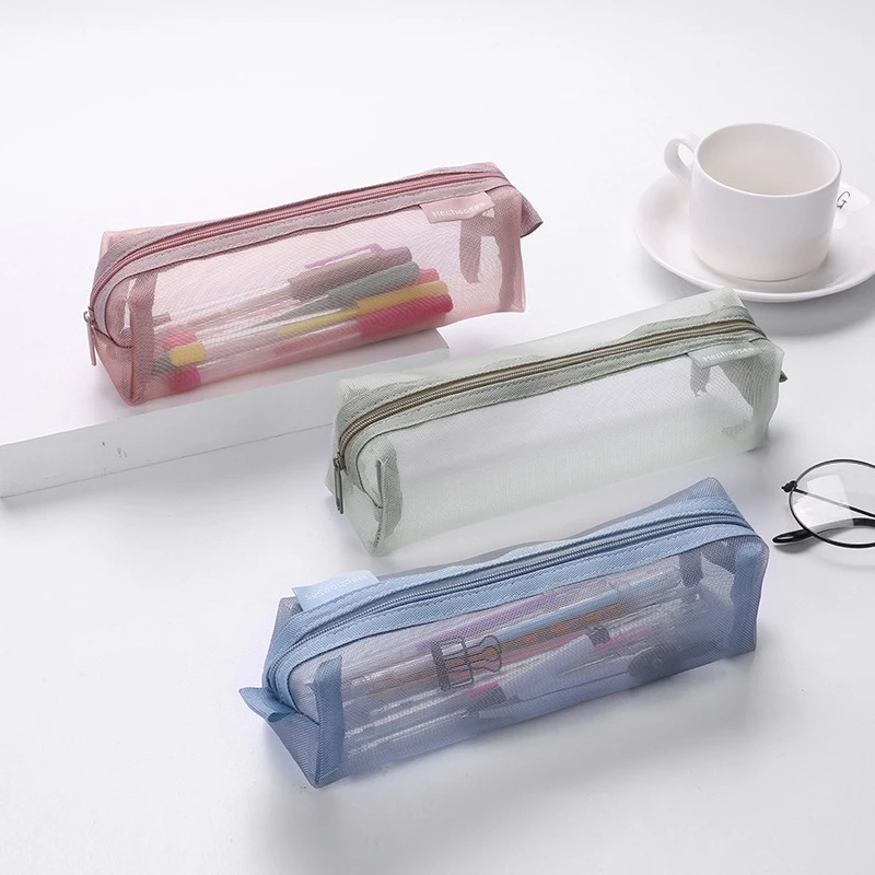 Pen Bag Translucent Simple Mesh Student Exam Stationery Bag Large Capacity Portable Storage Study Supplies
