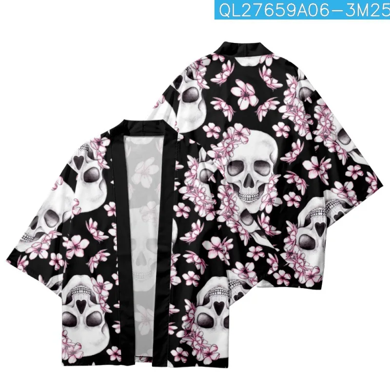 

White Floral Skull Printed Black Summer Japanese Loose Harajuku Kimono Cardigan Cropped Pants Women Men Cosplay Yukata