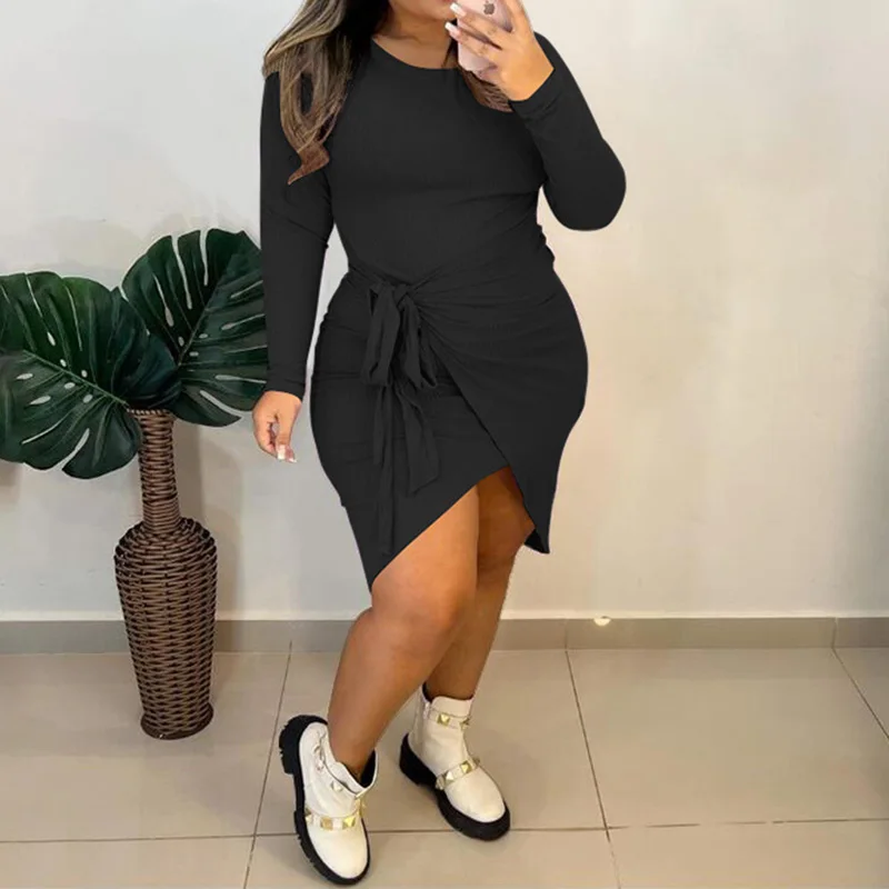 Fashion Solid O-Neck Plus Size Long Sleeve Princess Dress Lady Elegant Pit Strip Bandage Bag Hip High Elasticity Irregular Skirt