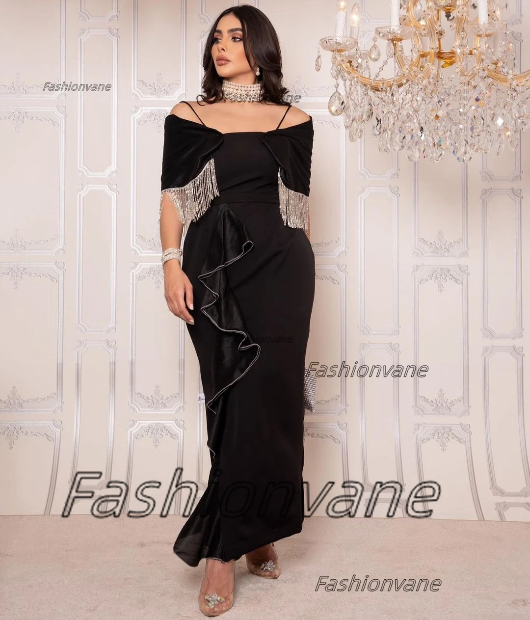 

Fashionvane Black Ankle Length Prom Dresses Saudi Arabia Wedding Party Women Wear Tassels Off Shoulder Evening Formal Gowns