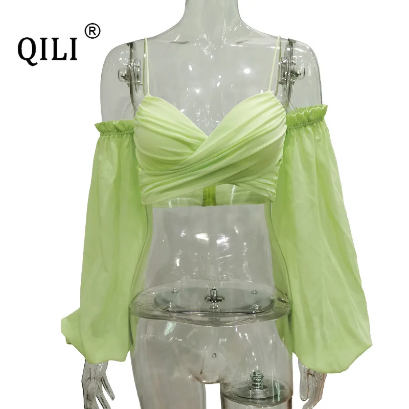 QILI-Off Shoulder Chiffon Top for Women, Long Sleeve Blouse, Suspender Short, Summer, New