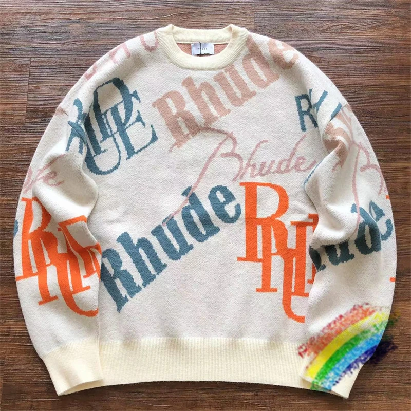 

Full Jacquard RHUDE Knitted Sweater Men Women High Quality Loose Apricot Crewneck Sweatshirts