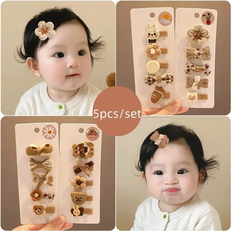 5pcs Korean Cute Hair Clip for Baby Girl Fashion Cartoon Bear Bowknot Hair Pin for Toddler Girl Milk Coffee Coloer Kids Headwear