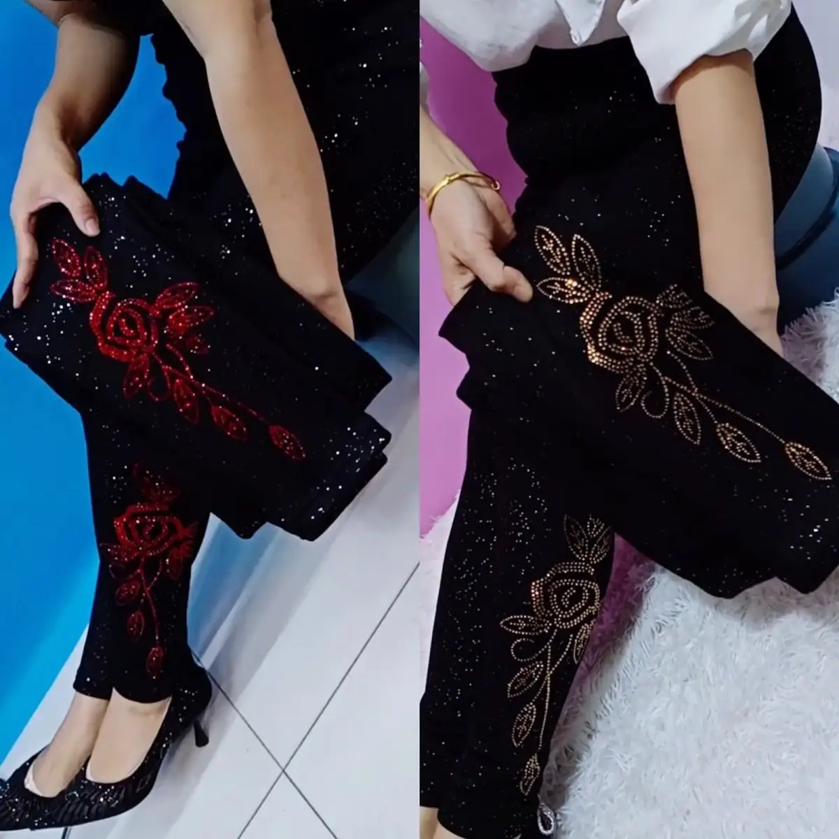 Autumn Winter Sequin Print Black Women's Leggings Pants High Waist Plus Size Pencil Trousers