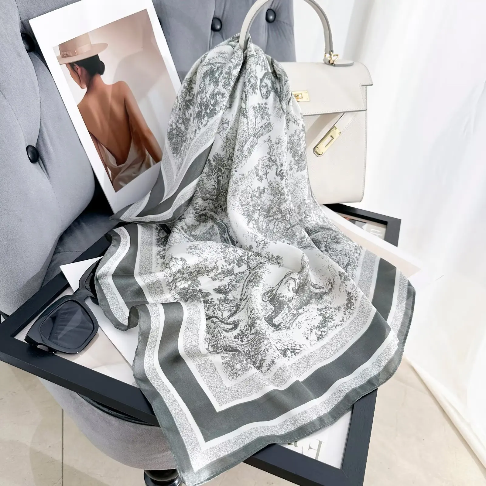 Summer 70cm Hair Print Silk Feeling Scarf For Women Fashion Flowers Neck Tie Hand Bag Foulard Wrist Kerchief Shawl Wraps Hajib