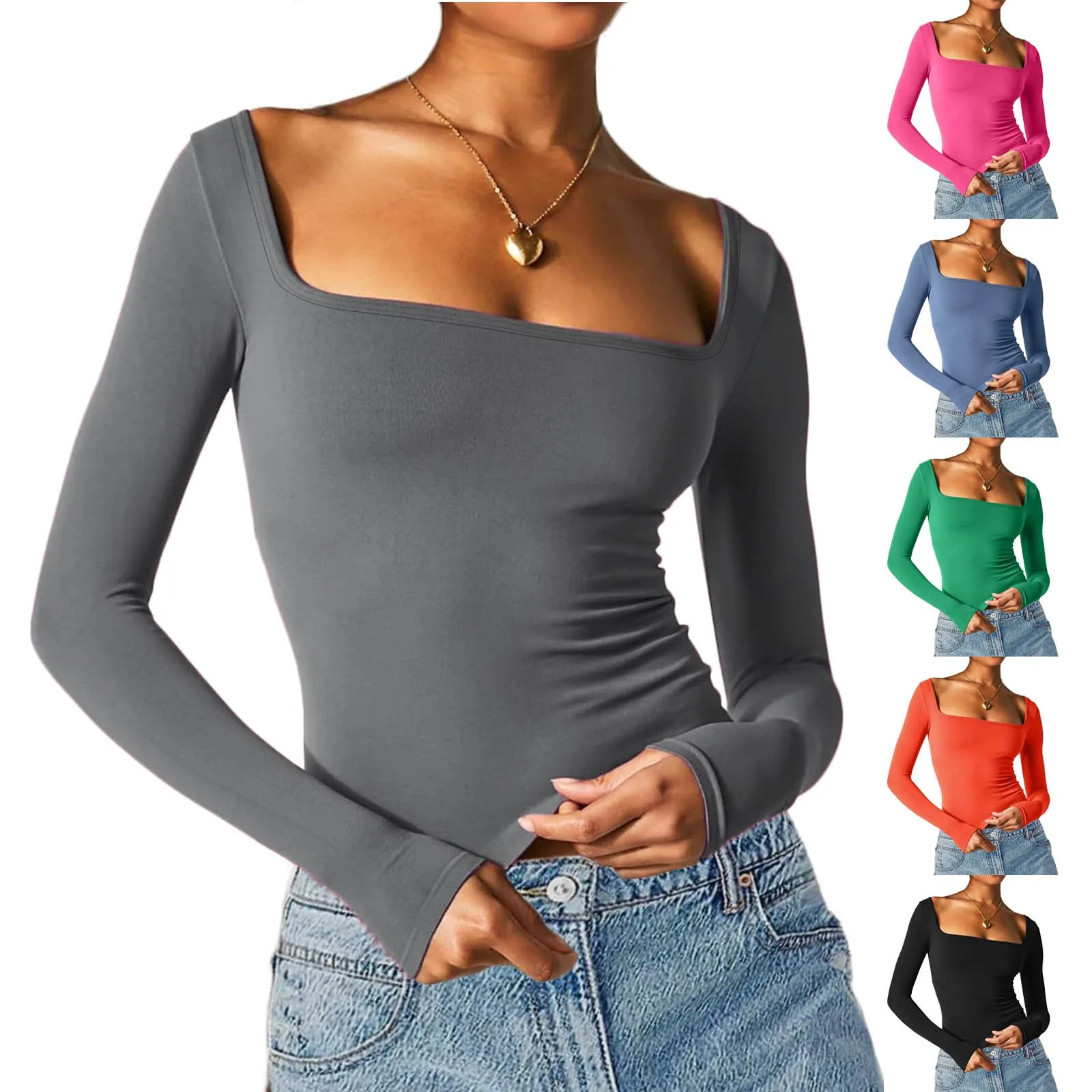 

Women Fashion Tight Low Square Neck Long Sleeve T Shirt Top