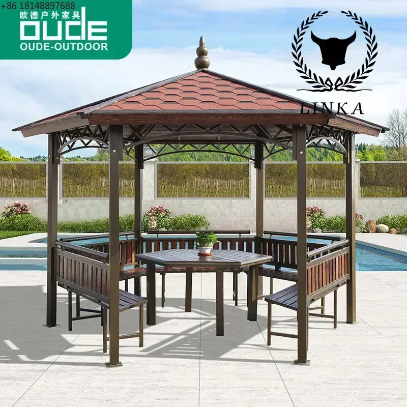 

Oude Outdoor Wooden House Courtyard Terrace Garden Iron Tile Hexagonal Pavilion Anticorrosive Wood Large Chinese Pavilion