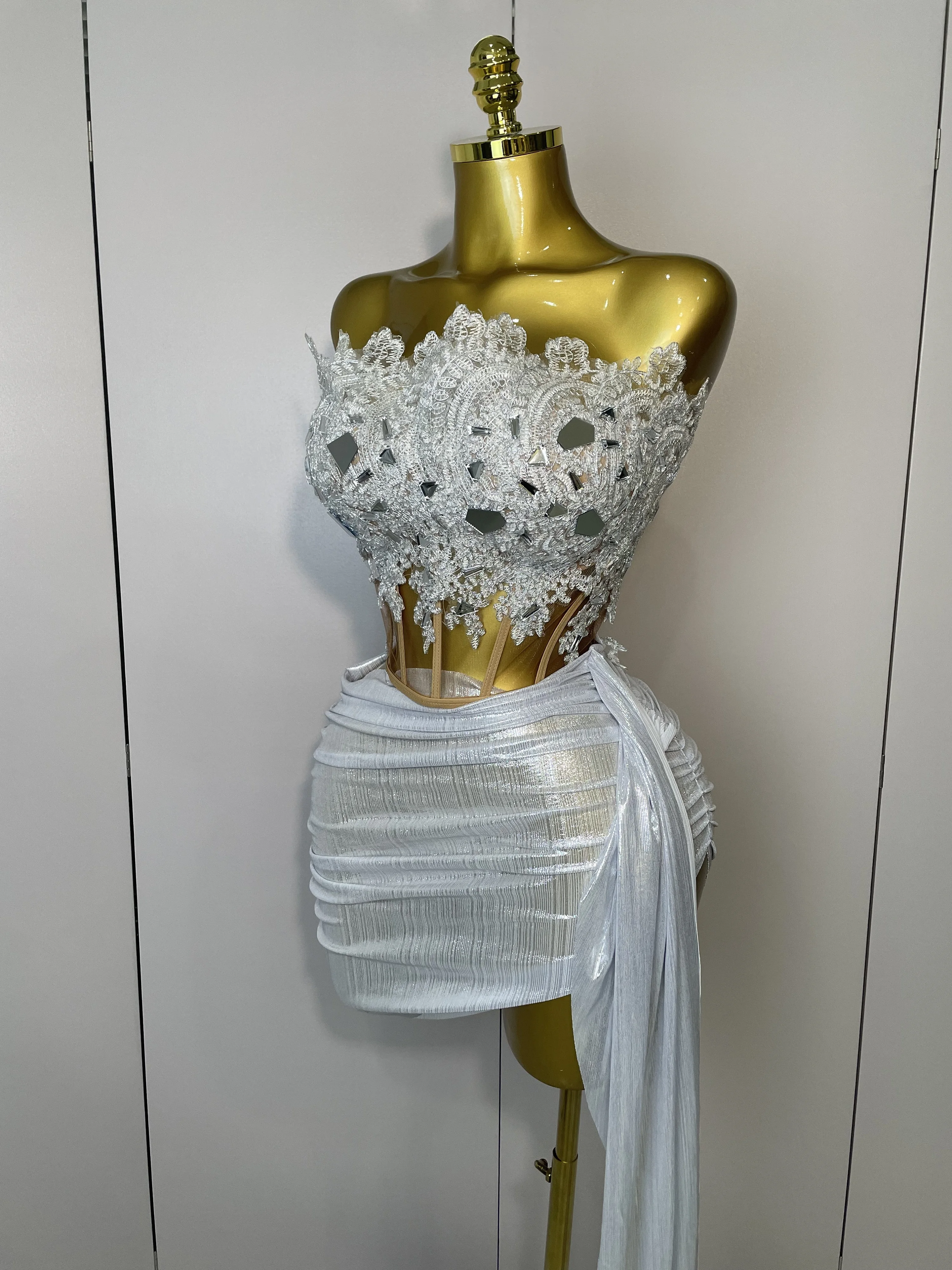 Sparkly Silver Sequins Sexy Strapless Short Dress 2Pcs Set Newest 2025 Women Party Birthday Nightclub Singer Dancer Stage Wear