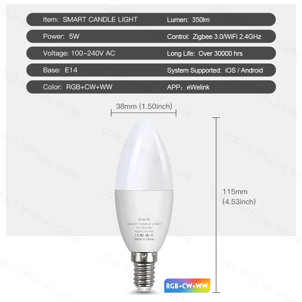 EWelink WiFi / Zigbee 3.0 E14 Candle RGB LED Light Bulbs AC85-265V Smart Dimmable Lamp Works With Alexa Lamp Google Yandex Alice