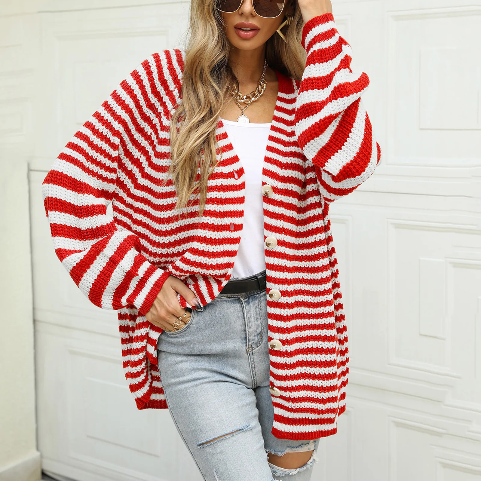 

Womens Long Sweaters Full Sleeve Button Cardigan Casual Knit Ribbed Knitwear White Red Stripe Coat Fleece Jacket Female Pullover
