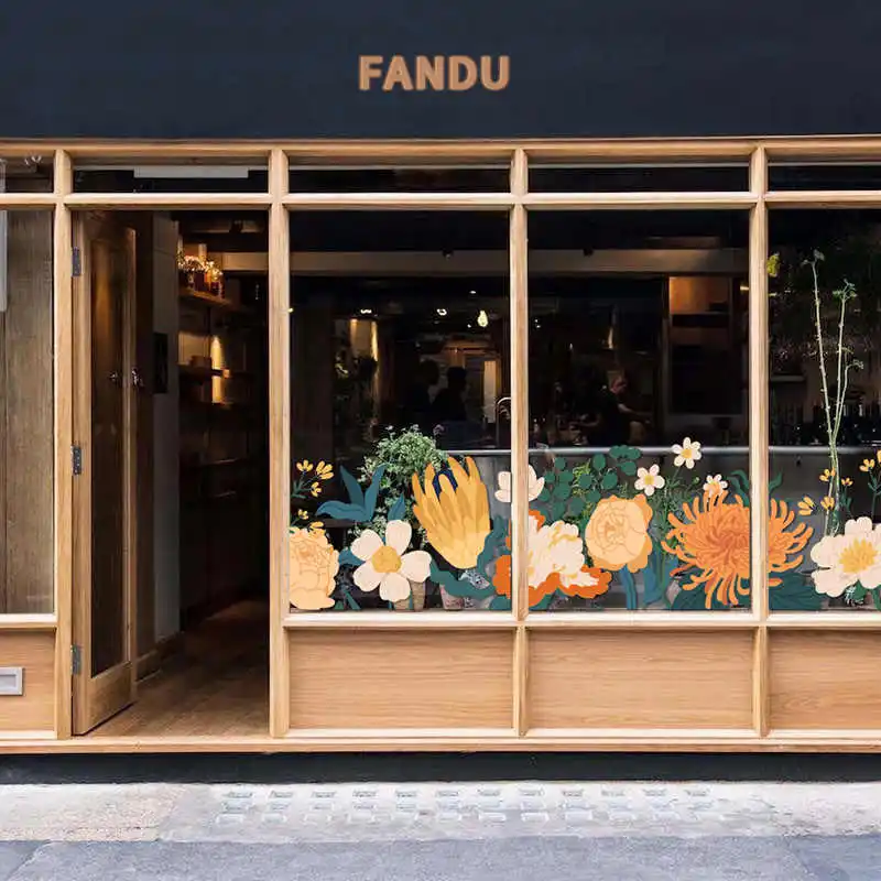 spring and summer flower clothing store window sliding door decoration scene layout glue free glass sticker window fi