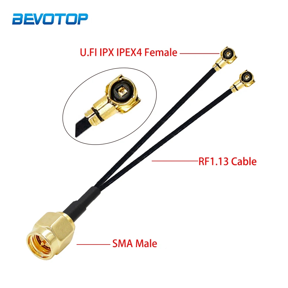 

SMA Male Plug Connector to Dual IPEX4 MHF4 Female Y Type Splitter Combiner RF1.13 Pigtail RF Coax Extension Jumper