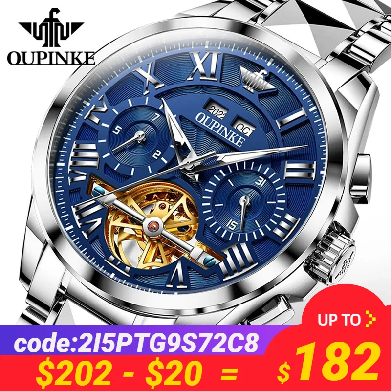 3236 Оригинальные мужские часы OUPINKE, автоматические механические наручные часы, сапфировое зеркало, вольфрамовые стальные водонепроницаемые часы для мужчин