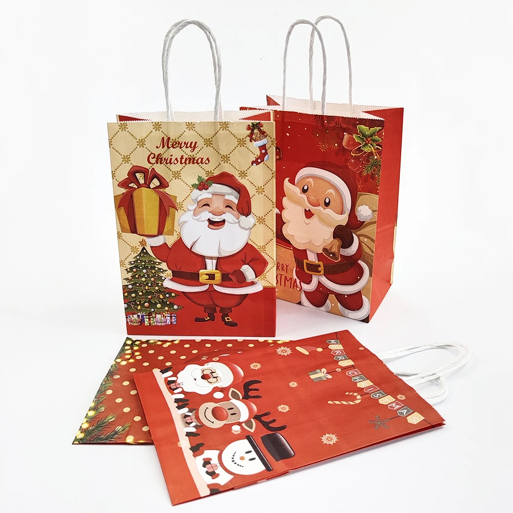 4Pcs Merry Christmas Paper Gift Bags Santa Claus Snowflake Dot Cartoon Stripe Xmas Tree Candy Biscuit Bag for Christmas Supplies