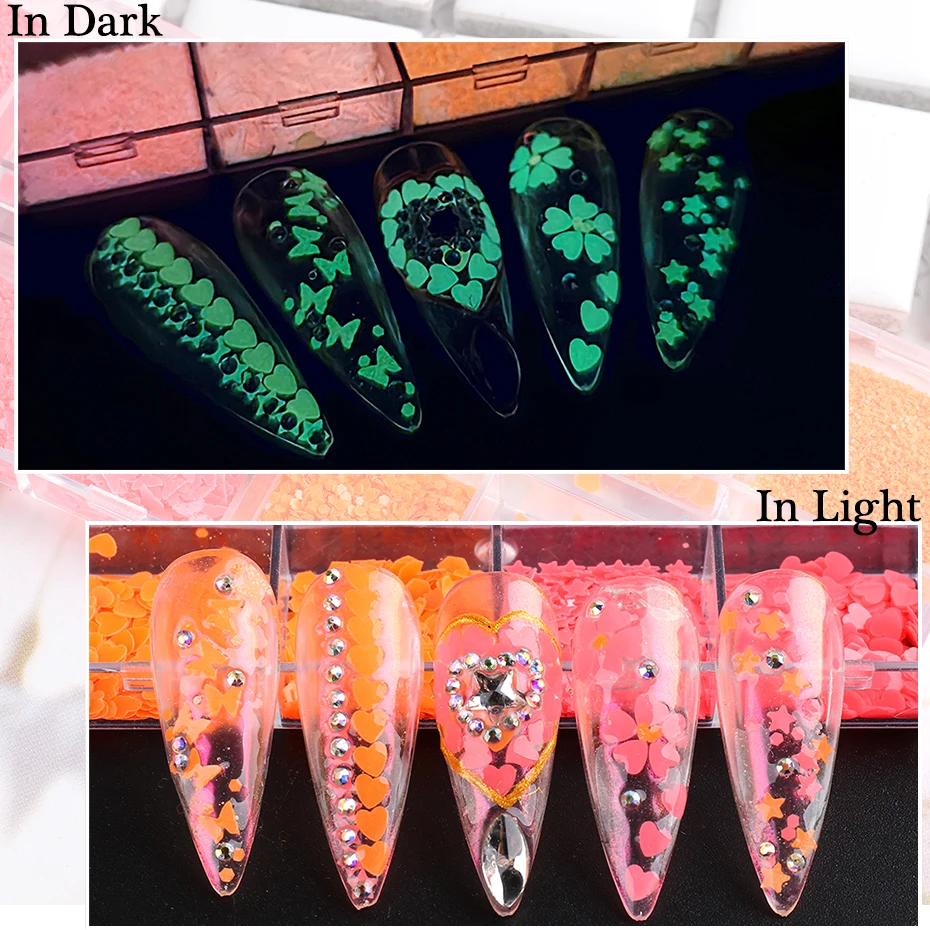 Luminous Nail Neon Glitter Sequin Butterfly Hexagon Fluorescent Green Flake Glow in the Dark Nail Art Manicure Decoration BE1861