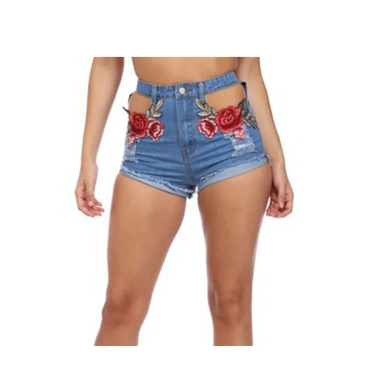 Women's Summer 2023 Low Waist Denim Sexy Hollow Out Rose Embroidery Solid Color Shorts Loose All-Match Streetwear Indie Clubwear