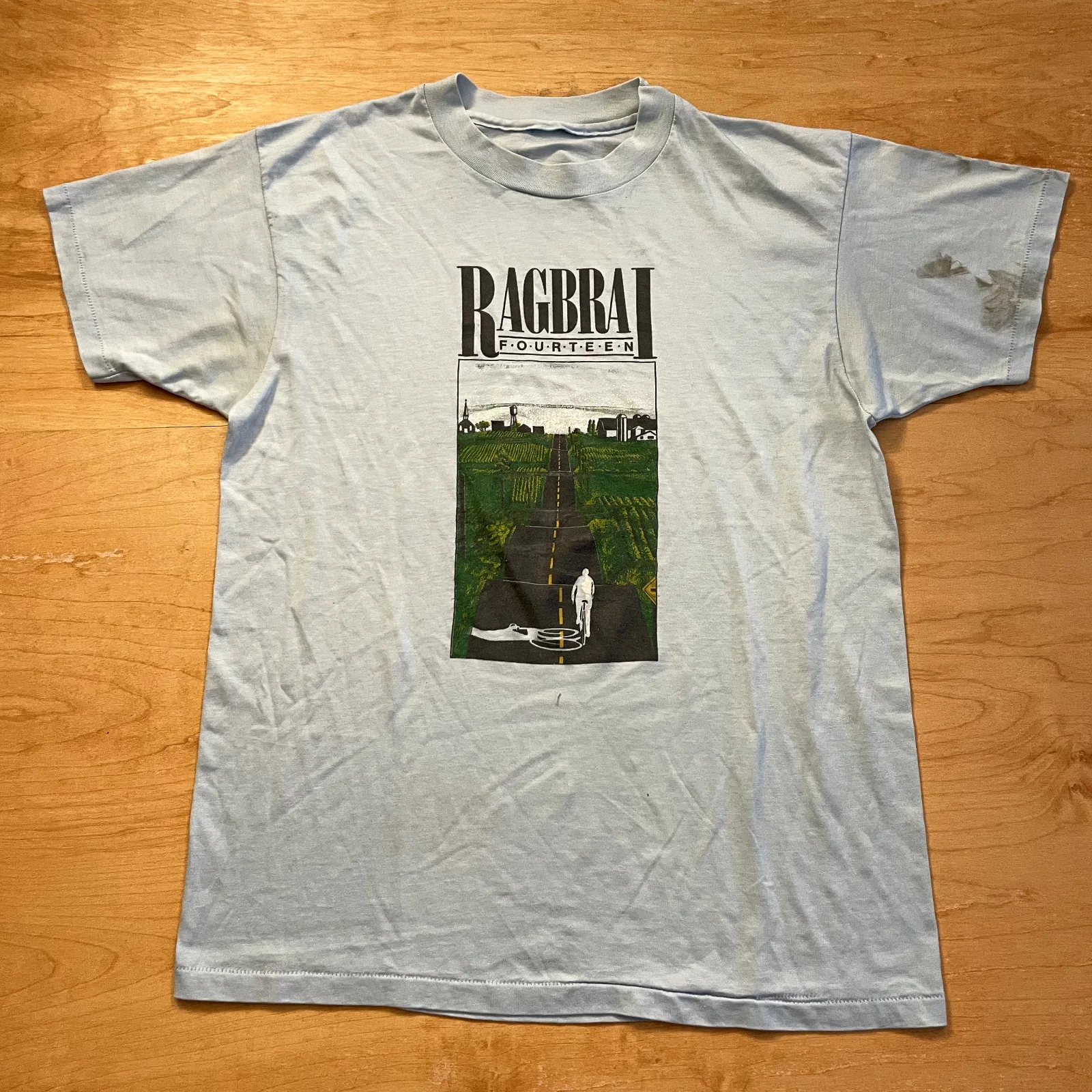 Vintage Rare Iowas Bicycle Race Ragbrai 14 Blue Large Vtg T Shirt Maniche Lunghe O Corte