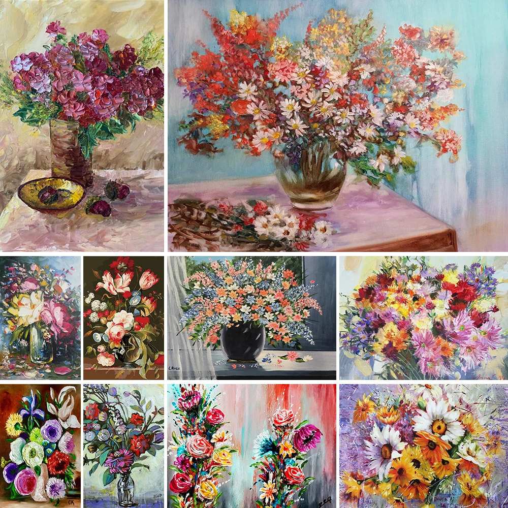Flowers Vase Landscape Printed Canvas Crossstitch Diy Embroidery Full