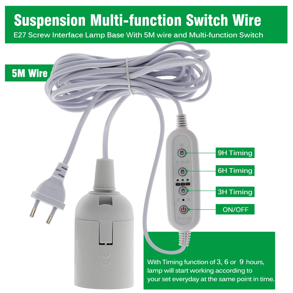 Grow Light Lamp Holder Converter Hoisted E27 Lamp Holder 2M 4M 5M Wire With Timing Switch For Indoor Plant Grow Bulb
