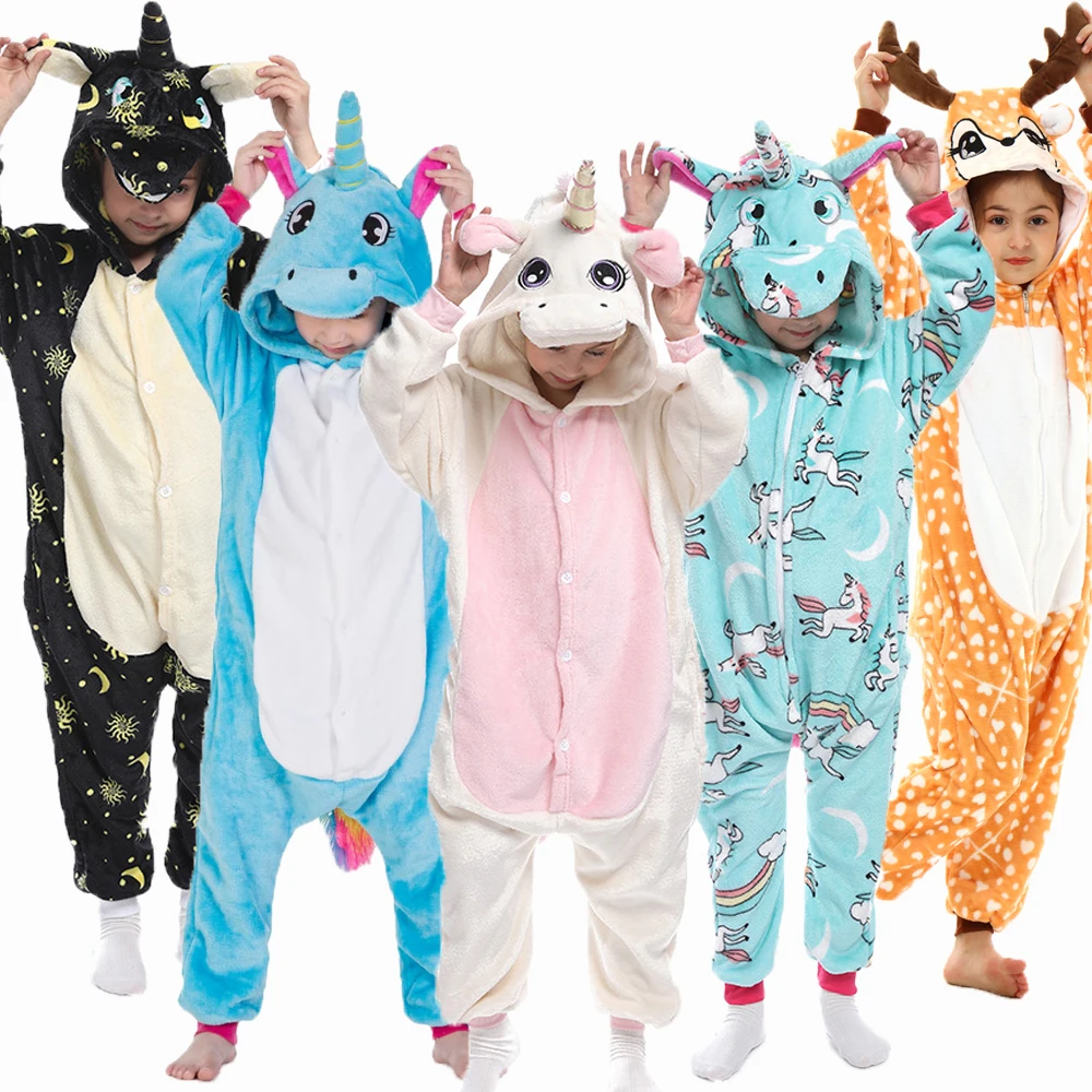 Unicorn Kigurumi Pajamas For Girls Kids Winter Flannel Onesie Pijama Children Dinosaur Sleepwear Boys Cartoon Halloween Jumpsuit