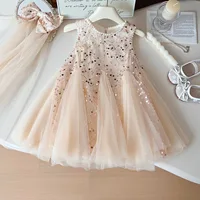 Girls Casual Dresses Girls' Beaded Sleeveless Dress Sequin Mesh Princess Dress Kids' Party Outfits for Ages 2-7 Years