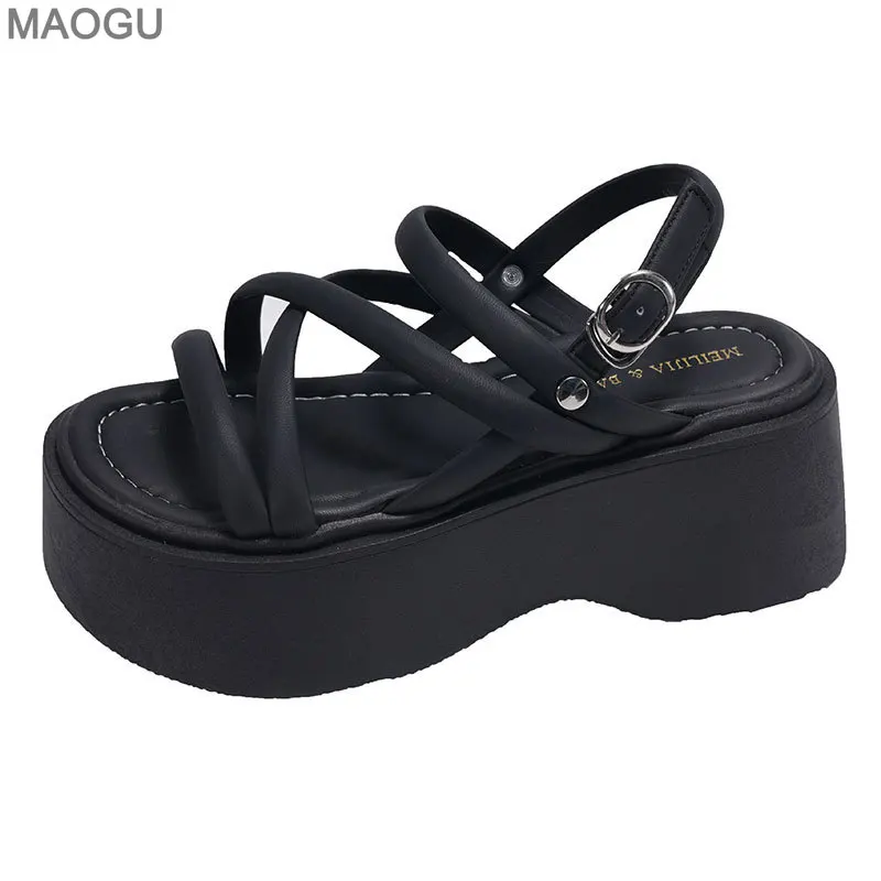Black Wedge Sandals Women Platform Shoes Black Belt High Heels Gladiator Chunky Heeled Summer Wedges Zapatos De Mujer