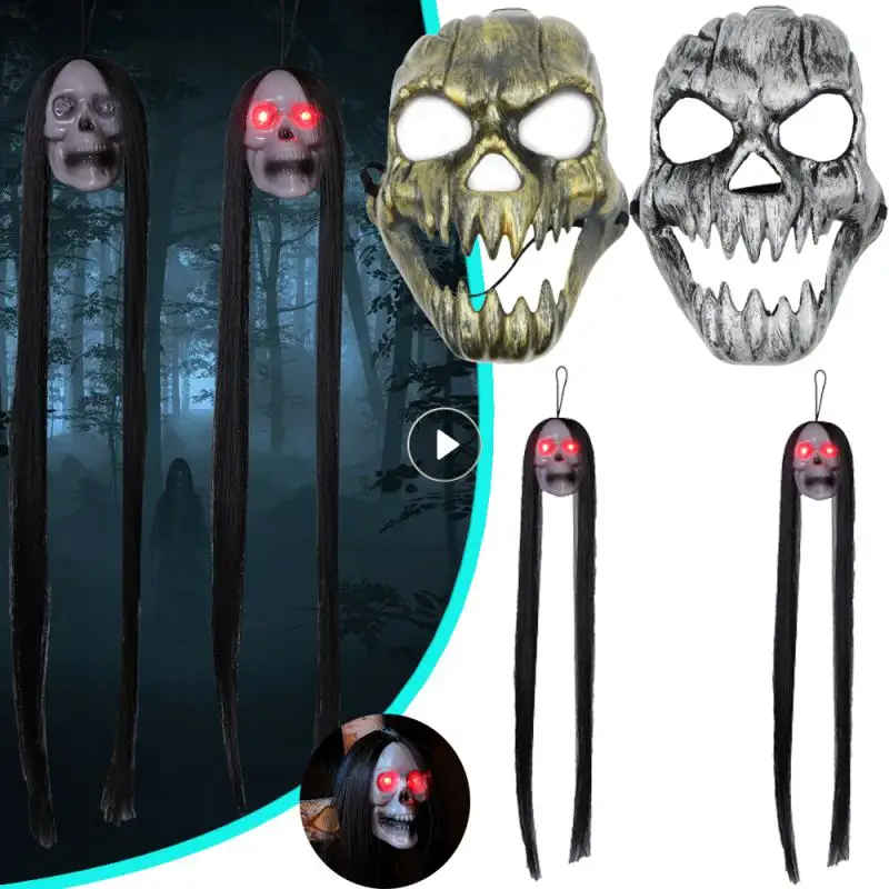 

Хэллоуин подвесной Призрак Череп с длинными волосами светящиеся глаза Ужас Череп Призрак голова Скелет реквизит 2023 Хэллоуин украшение