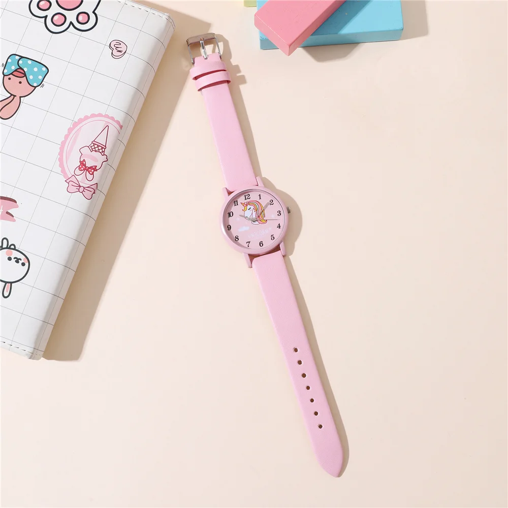cute pink pu leather band unicorn Children's cartoon watch 6