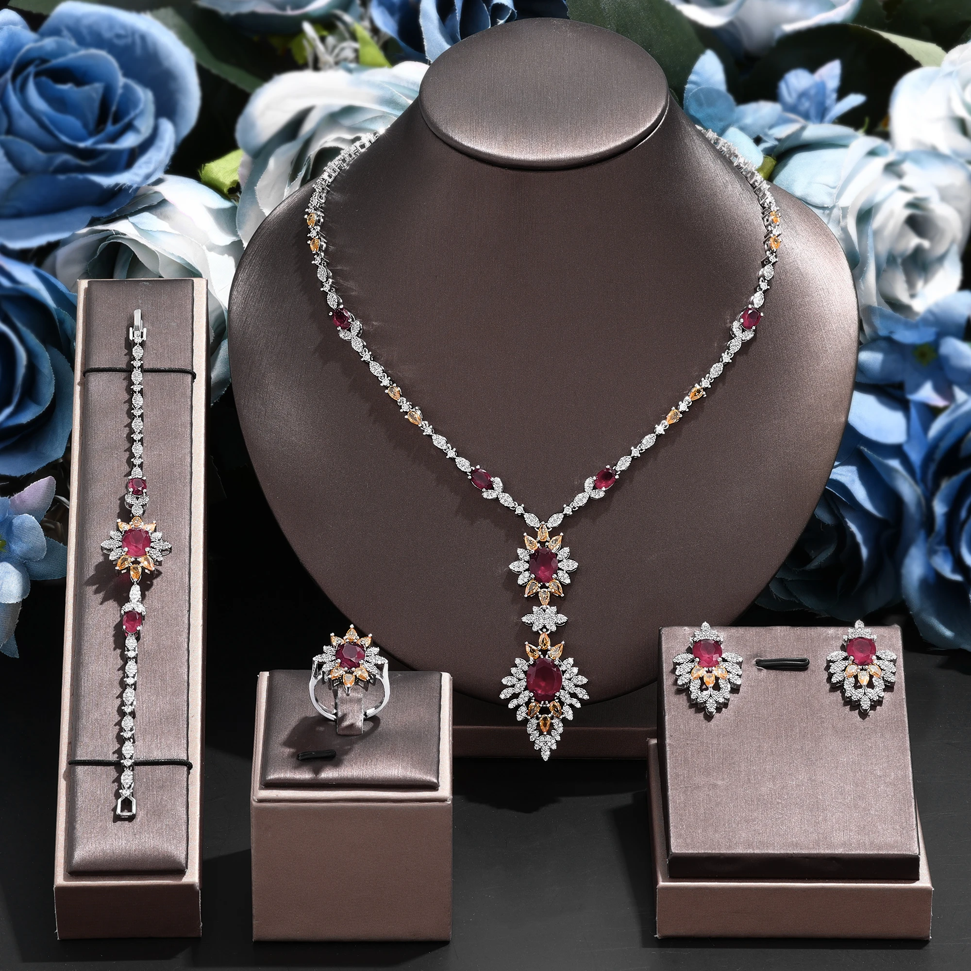 

4pcs Bridal Zirconia Full Jewelry Sets For Women Party, Luxury Dubai Nigeria CZ Crystal Wedding necklace sets