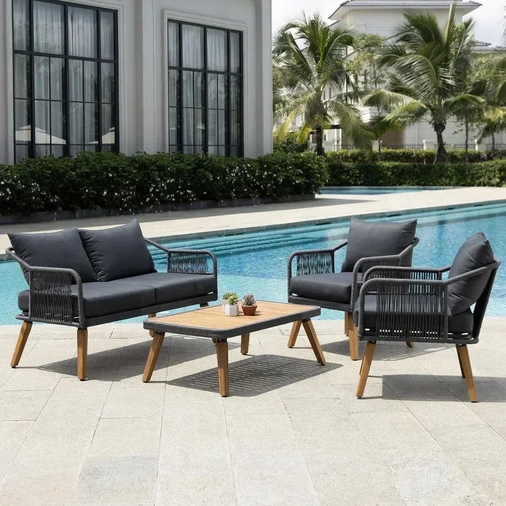 

Outdoor Sofa Set Of 4 With 3.9in Thick Soft Cushions, 800lbs Capacity, 4 Pieces Rope Patio Conversation Sets Yard Furniture