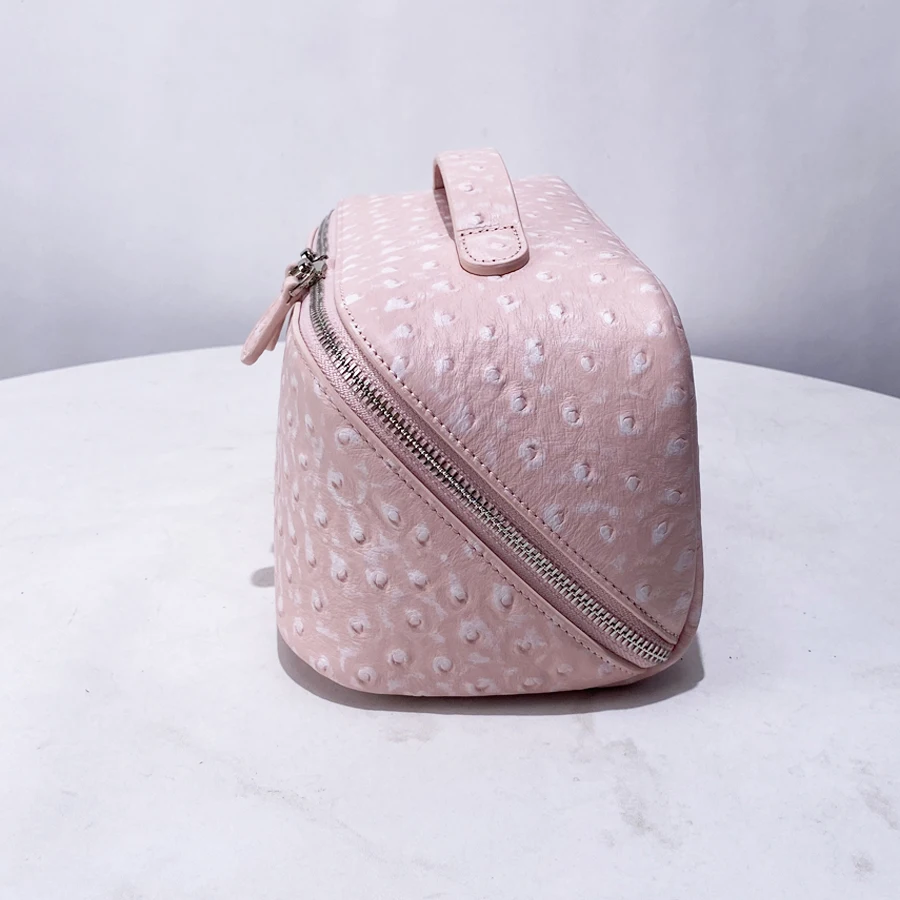 Genuine Leather Cowhide Pink Ostrich Pattern Makeup Box Bags For Women Luxury Designer Handbag New Toiletry Portable Travel Sto 4