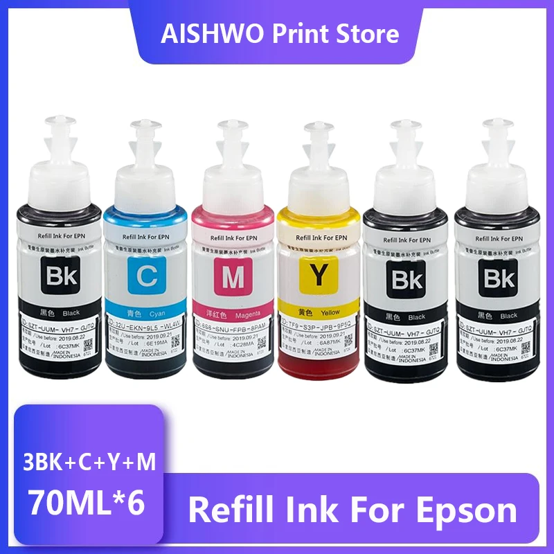 Refil de Tinta Corante para Epson L100 L110 L120 L132 L210 L222 L300 L312 L355 L350 L362 L366 L550 L555 L566 Impressora Cor 70ml