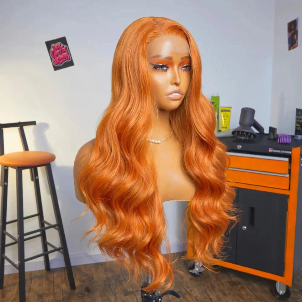 

Orange Ginger Long Body Wave Glueless Lace Front Wig For Women Synthetic Hair Wigs Glueless Soft 180%Density Preplucked Cosplay