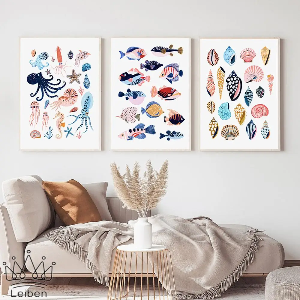 

Sea Life Cartoon Canvas Painting Nursery Wall Art Poster Nordic Shells Starfish Whale Crab Picture for Children's Room Decor