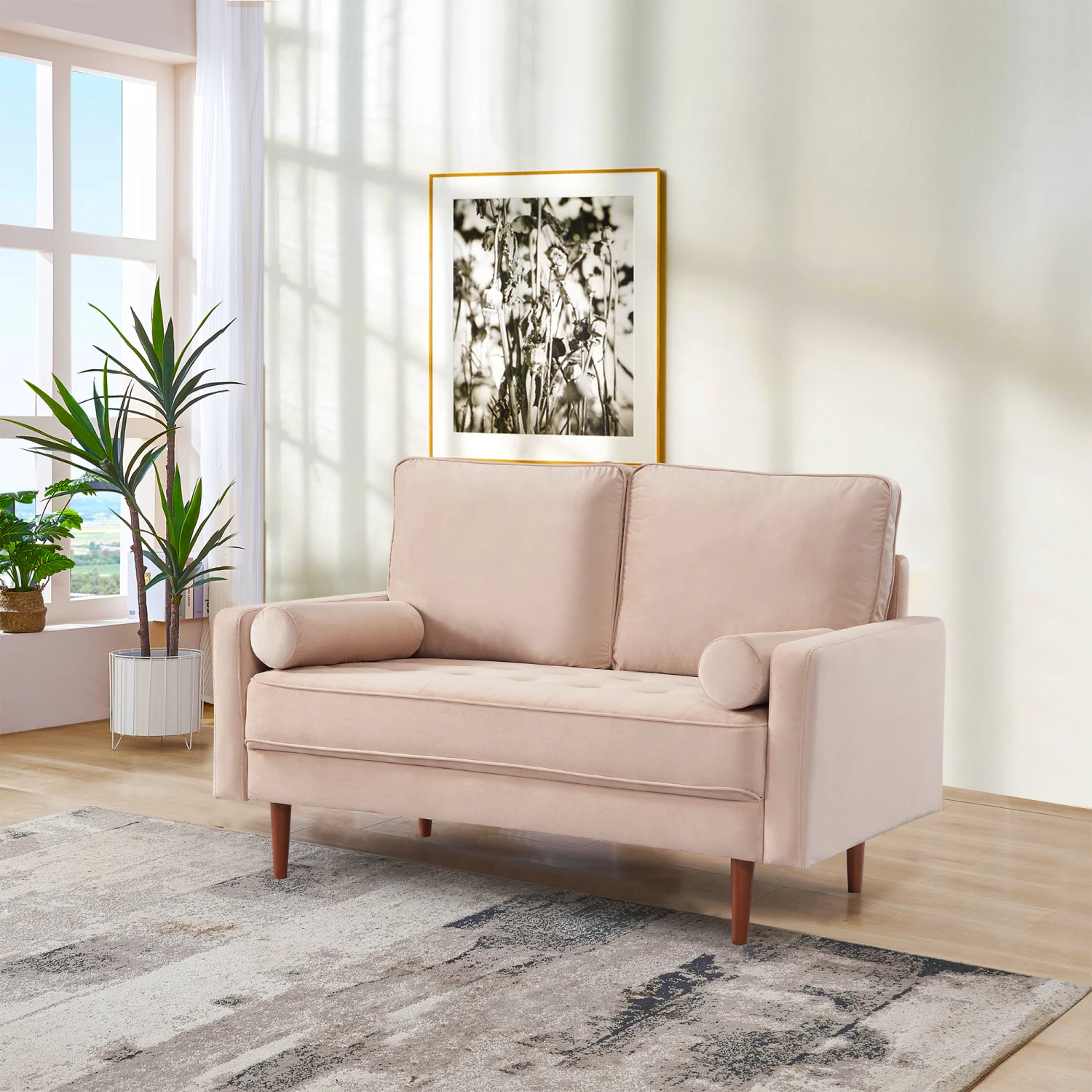 

Modern Upholstered Beige Sofa Couch Furniture, Luxurious Velvet Loveseat for 3-seater, Elegant Tufted Cushion with Bolster Pillo