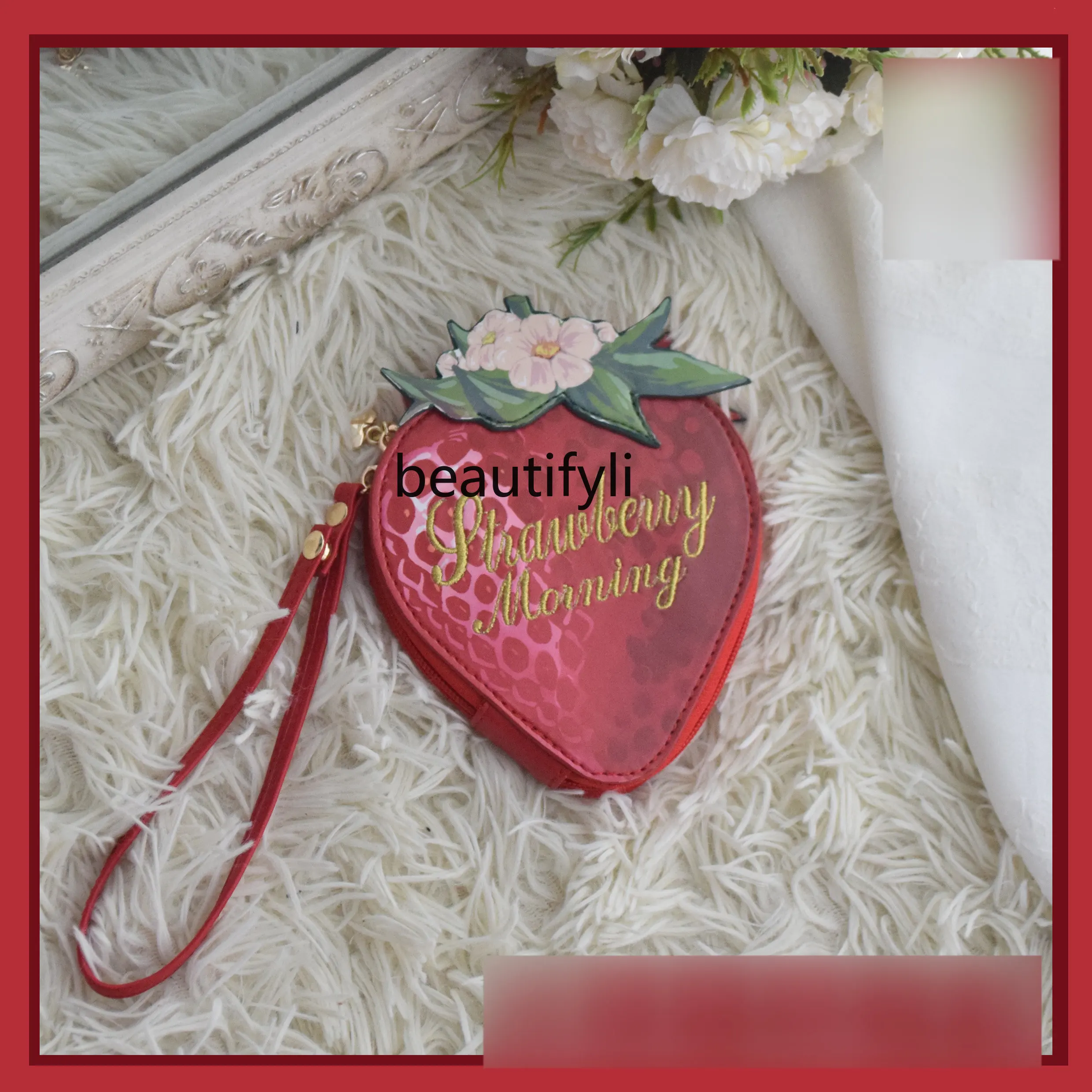 

yj One Strawberry Hand Holding Clutch Pu Printed Leather Metal Chain Coin Purse