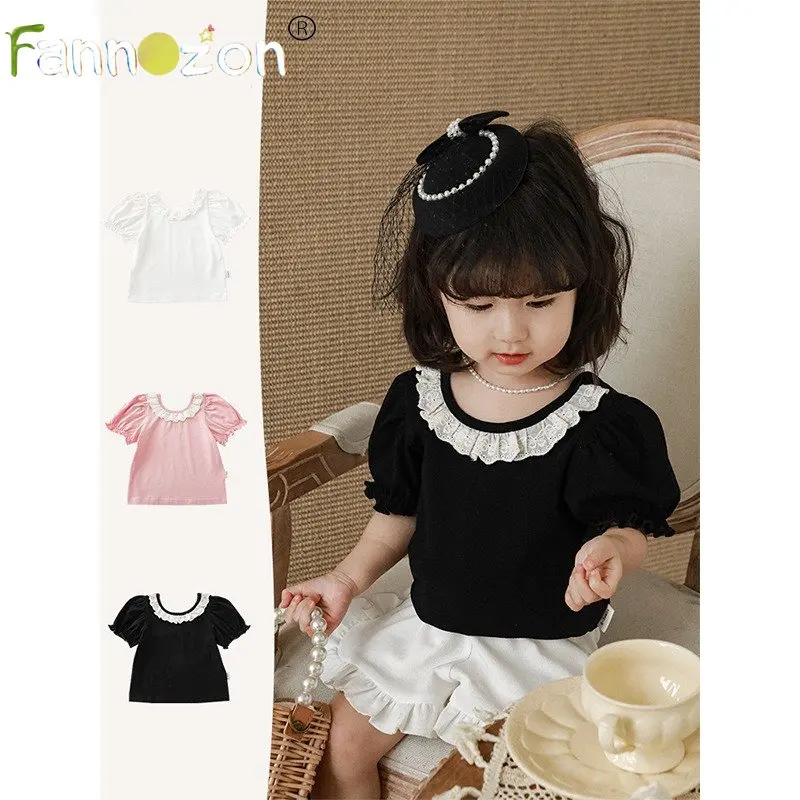 

2023 New In Summer Lace Cotton T-shirts Stitch Girls Baby Matching Sets Stichs Clothing Clothes Dresses Thin Tops Aged 2 To 8