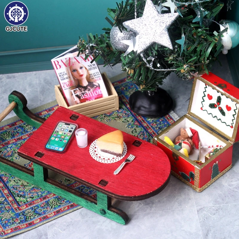 

1Pcs 1:6/1:12 Dollhouse Miniature Christmas Sleigh Coffee Table Cheesecake Cream Caks Food Set Model Doll Living Scene Decor Toy